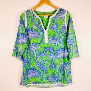 Gretchen Scott v-neck beaded tropical/palm blue green jersey tunic top preppy